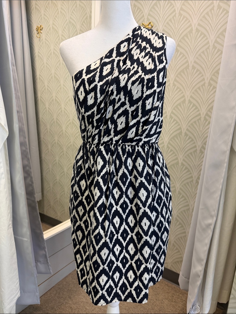 Shoshanna navy ikat one-shoulder dress
